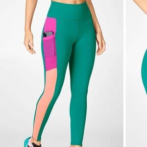 Fabletics On-The-Go Powerhold High Waisted Dark Jade & Wild Nectar Leggings